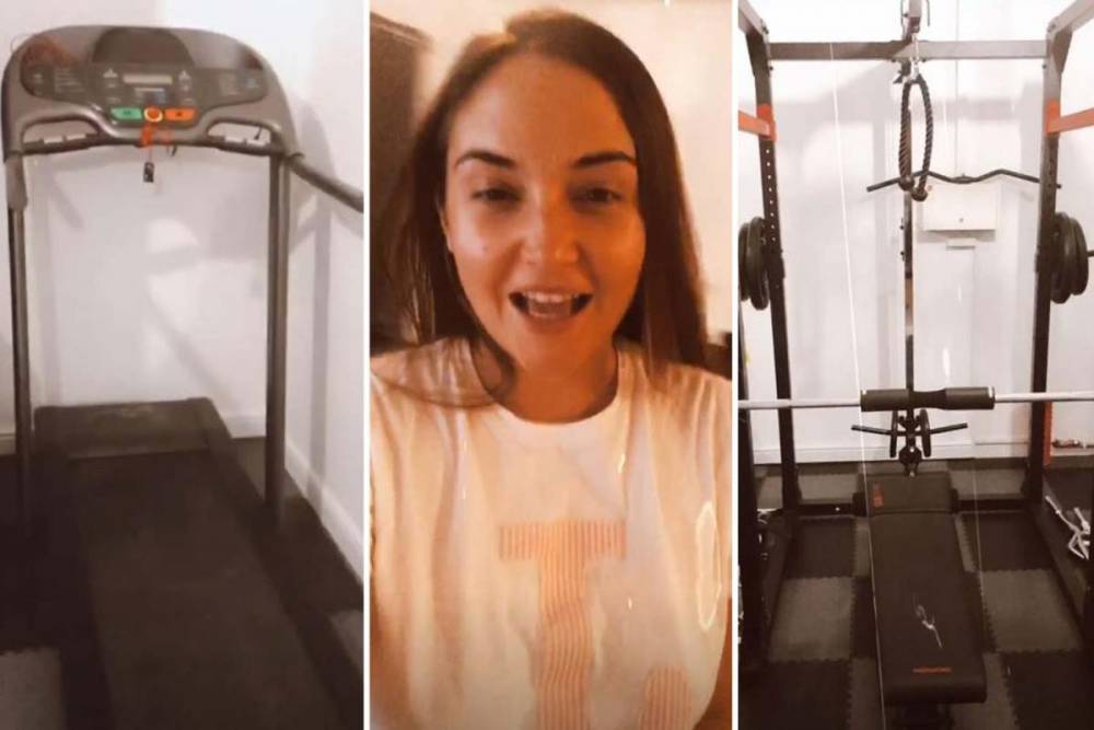 Inside Jacqueline Jossa’s coronavirus isolation home gym with running machine, weights and ‘Osborne’s gym’ branding - thesun.co.uk