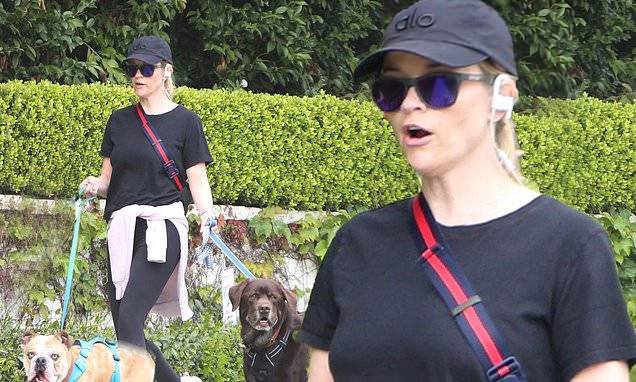 Laura Dern - Reese Witherspoon - Reese Witherspoon keeps comfortable in all black as she walks her dogs in LA amid social distancing - dailymail.co.uk - Los Angeles - city Los Angeles