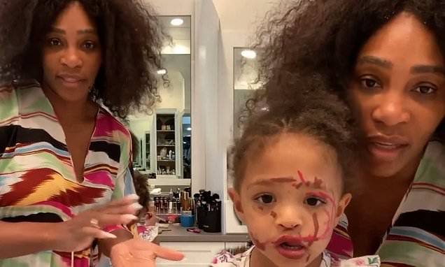 Serena Williams - Serena Williams shares her beauty routine while mischievous Olympia draws on her face with lipstick - dailymail.co.uk