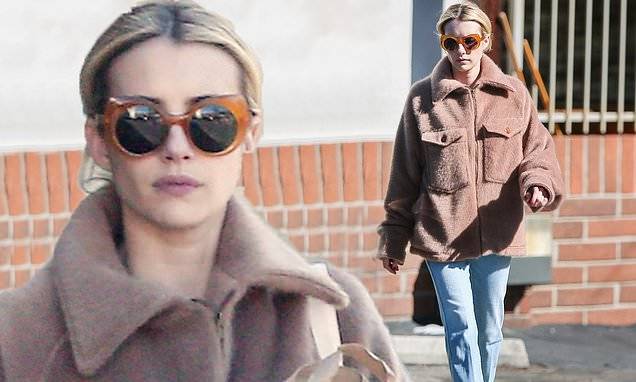 Emma Roberts - Emma Roberts loads up with groceries in Hollywood looking stylish in brown jacket with blue jeans - dailymail.co.uk - city Hollywood
