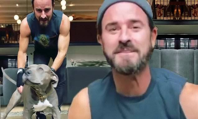 Britney Spears - Justin Theroux - Justin Theroux's workout gets interrupted after his sweet pup Kuma decides to join him - dailymail.co.uk