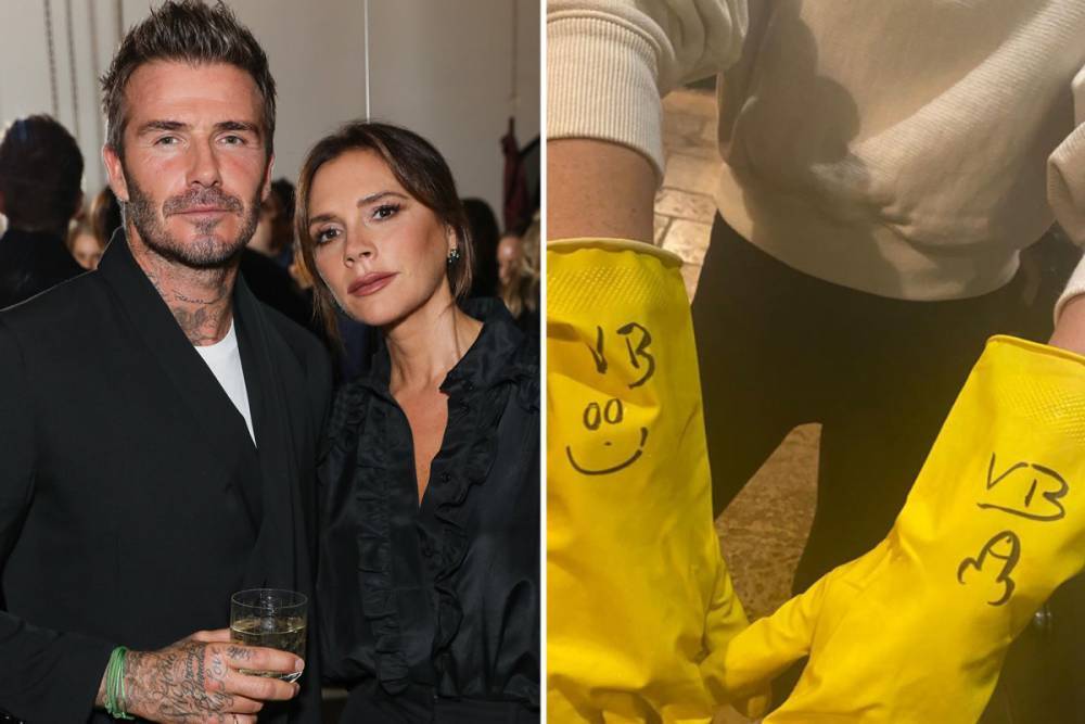Victoria Beckham reveals her very naughty marigolds as cheeky David does the washing up after family dinner - thesun.co.uk - Britain - Victoria, county Beckham - city Victoria, county Beckham - county Beckham