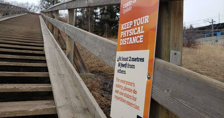 Don Iveson - Edmonton installs signs on Royal Glenora stairs discouraging use for exercise due to COVID-19 - globalnews.ca