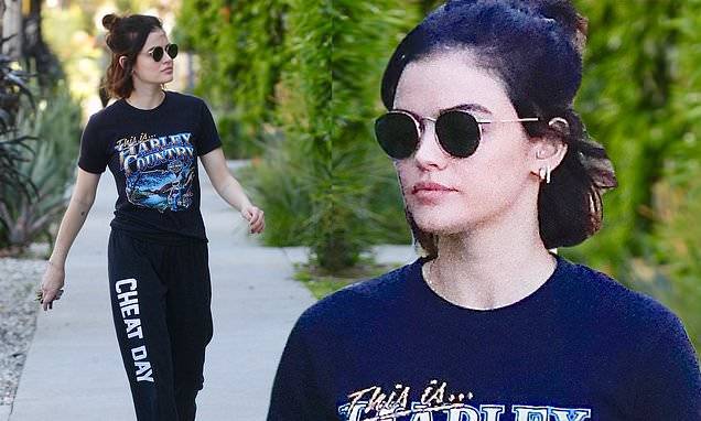 Harley Davidson - Lucy Hale - Katy Keene - Lucy Hale wears vintage Harley Davidson shirt on a coffee run in Los Angeles amid COVID-19 pandemic - dailymail.co.uk - Los Angeles - state California - state Tennessee - city Los Angeles