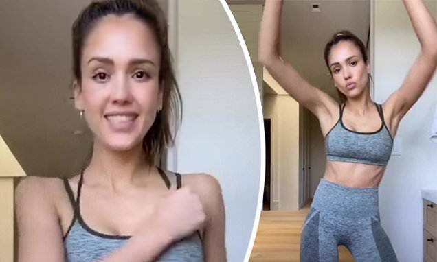 Jessica Alba - Jessica Alba bares her toned midriff in a grey sports bra, while showing off dance moves on TikTok - dailymail.co.uk