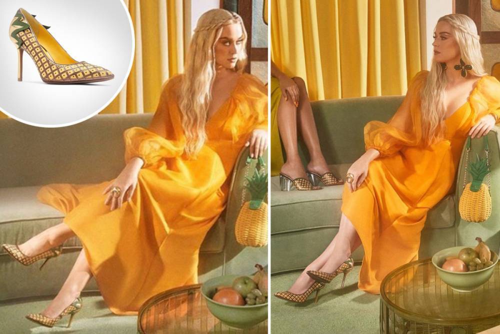 Katy Perry - Orlando Bloom - Pregnant Katy Perry glows in plunging gold dress as she models her shoe collection - thesun.co.uk - state California