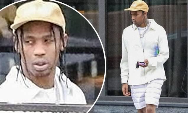 Travis Scott - Travis Scott steps out in an all white outfit while leaving a Hollywood office during the lockdown - dailymail.co.uk - Los Angeles - city Hollywood
