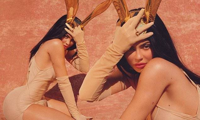 Kylie Jenner - Kylie Jenner flashes supermodel legs in clinging split nude dress and bunny ears for Easter - dailymail.co.uk - Los Angeles