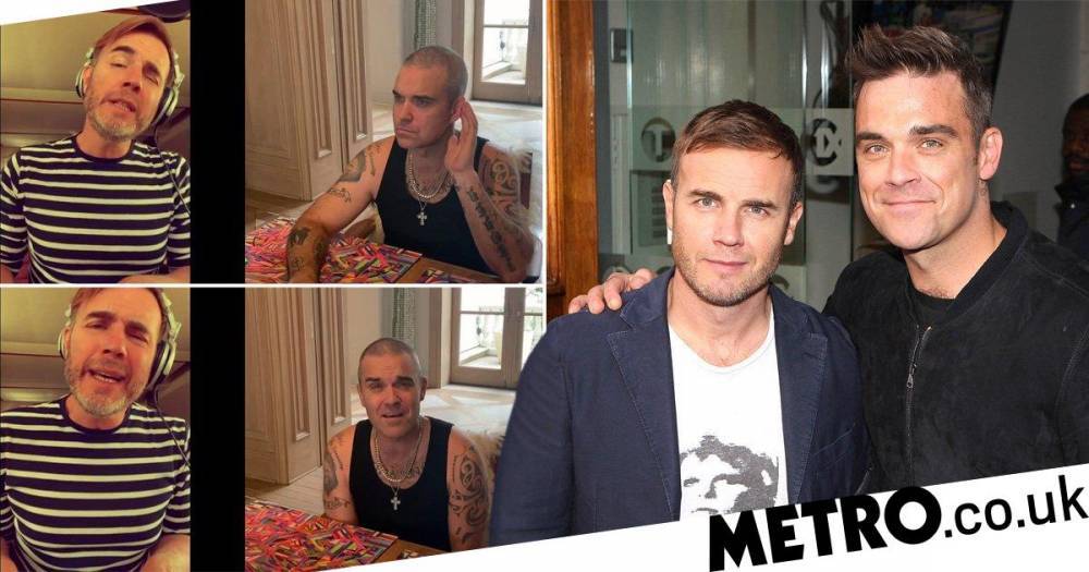 Matt Lucas - Robbie Williams - Brian May - Gary Barlow and Robbie Williams have their own mini Take That reunion to perform virtual duet in lockdown - metro.co.uk