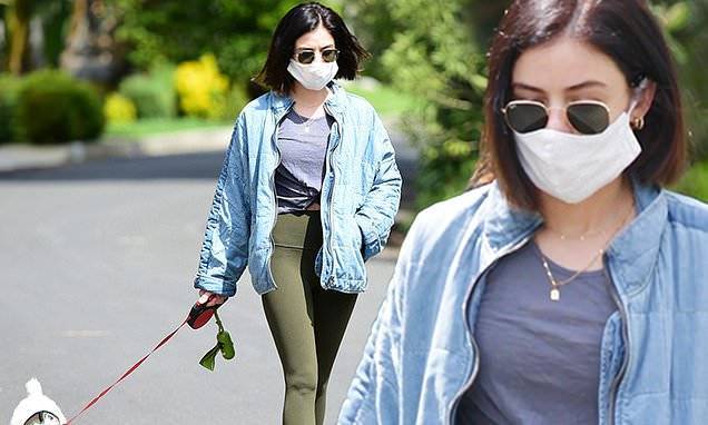 Lucy Hale - Lucy Hale wears a face mask as she steps out in t-shirt and skintight leggings to walk her dog in LA - dailymail.co.uk