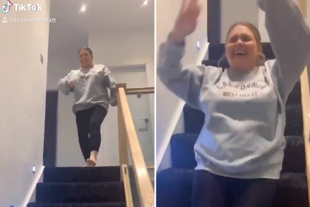 Scarlett Moffatt - Neil Diamond - Scarlett Moffatt jokes her ‘boobs are cleaning her shoes’ as she slides down the stairs on her bum after ditching bra - thesun.co.uk