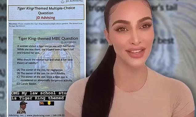 Kim Kardashian - Kim Kardashian shows off her Tiger King themed questions as she continues her law studies - dailymail.co.uk - state California - San Francisco