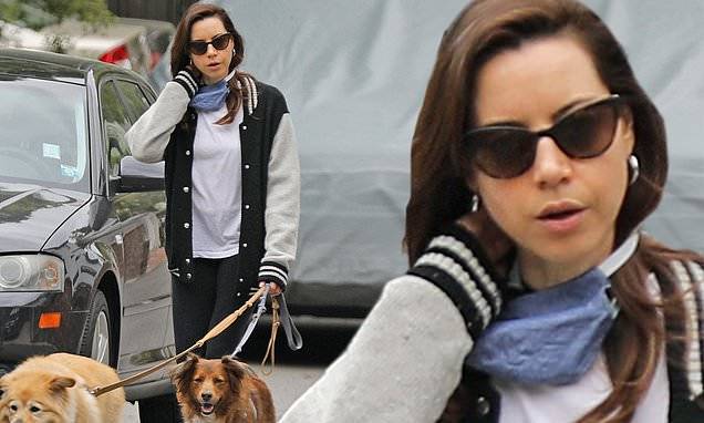 Aubrey Plaza gets a breath of fresh air as she pulls down her mask while walking the dogs - dailymail.co.uk