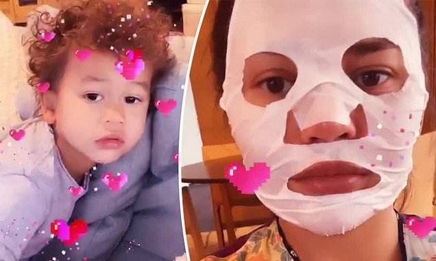 John Legend - Chrissy Teigen - Chrissy Teigen pampers herself with a sheet mask during indoor hang with one-year-old son Miles - dailymail.co.uk