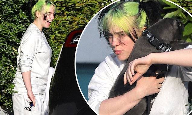 Billie Eilish - Billie Eilish rocks all white as she steps out with her new pit bull puppy in LA amid quarantine - dailymail.co.uk - Los Angeles