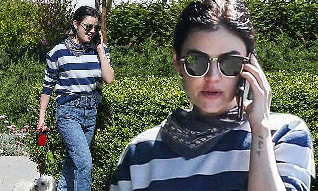 Lucy Hale - Katy Keene - Lucy Hale goes mask-free and flashes big smile while chatting on the phone during walk with her dog - dailymail.co.uk - Los Angeles - city Los Angeles
