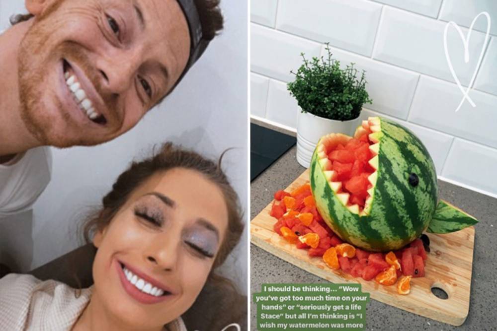 Stacey Solomon - Joe Swash calls Stacey Solomon a ‘weirdo’ and tells her to go outside after she turns a watermelon into a shark - thesun.co.uk