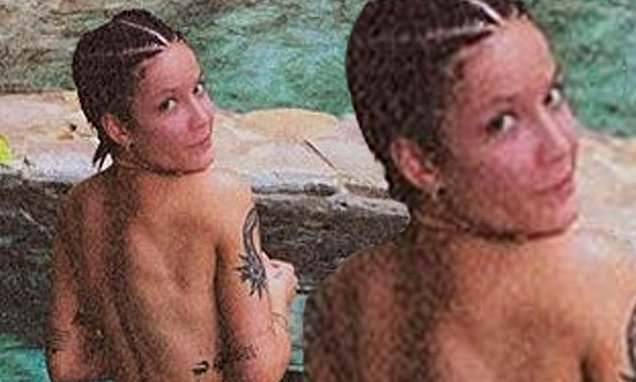 Halsey is one with nature as she poses completely nude in lush pool of green-blue water - dailymail.co.uk