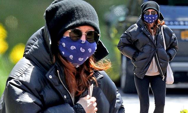 Julianne Moore - Julianne Moore wears purple patterned mask as she picks up food while isolating in the Hamptons - dailymail.co.uk - state New York - county Island - county Long - county Hampton - county Moore