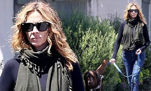 Julia Roberts - Julia Roberts dons scarf to walk her chocolate Lab Major in Malibu... ahead of Call to Unite event - dailymail.co.uk - Georgia - county Major - county Los Angeles