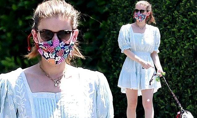 Jamie Bell - Kate Mara - Kate Mara dons a floral face mask and adorable summer dress to walk her dog during LA lockdown - dailymail.co.uk - Los Angeles