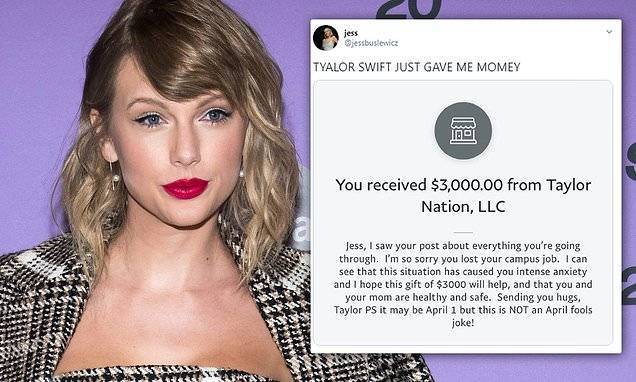 Taylor Swift donates money to fans affected by COVID-19 and discusses pandemic on SiriusXM DJ set - dailymail.co.uk - state Pennsylvania