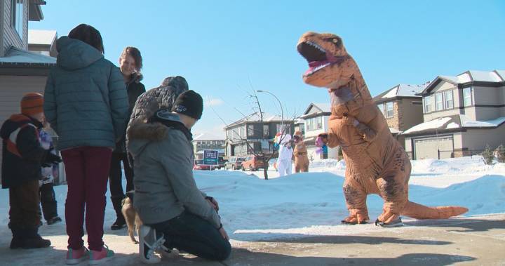 Community members in dinosaur costumes wish Edmonton boys happy birthday amid COVID-19 pandemic - globalnews.ca
