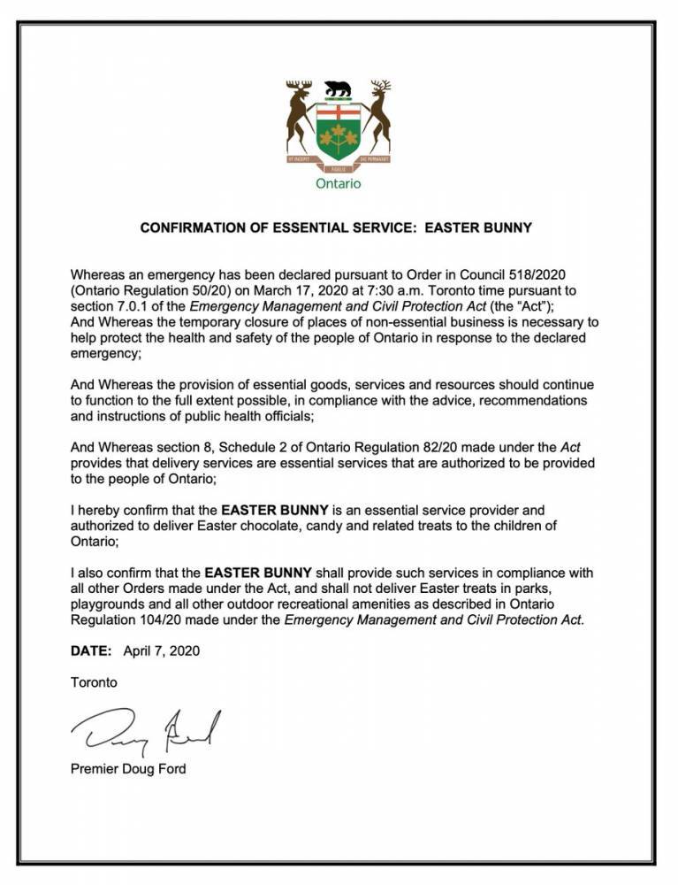 Doug Ford - Easter Bunny - Premier Doug Ford declares Easter Bunny ‘essential service’ amid COVID-19 outbreak - globalnews.ca