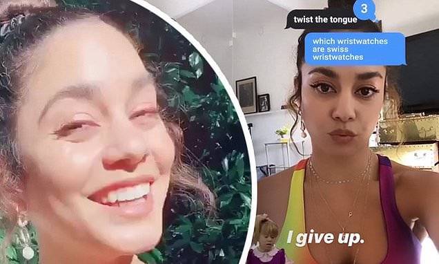 Vanessa Hudgens - Vanessa Hudgens fumbles through challenging tongue twisters in a tie-dye sports bra: 'I give up' - dailymail.co.uk