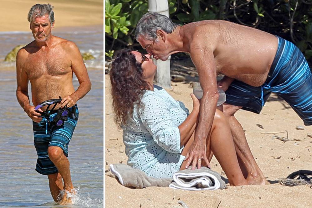 Shirtless Pierce Brosnan, 67, kisses his wife Keely, 56, on paradise beach trip in Hawaii - thesun.co.uk - county Pierce - state Hawaii - county Bond