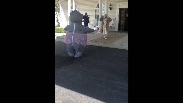 Woman wears sanitized inflatable hippo costume to hug mom living in retirement home - fox29.com - state Virginia