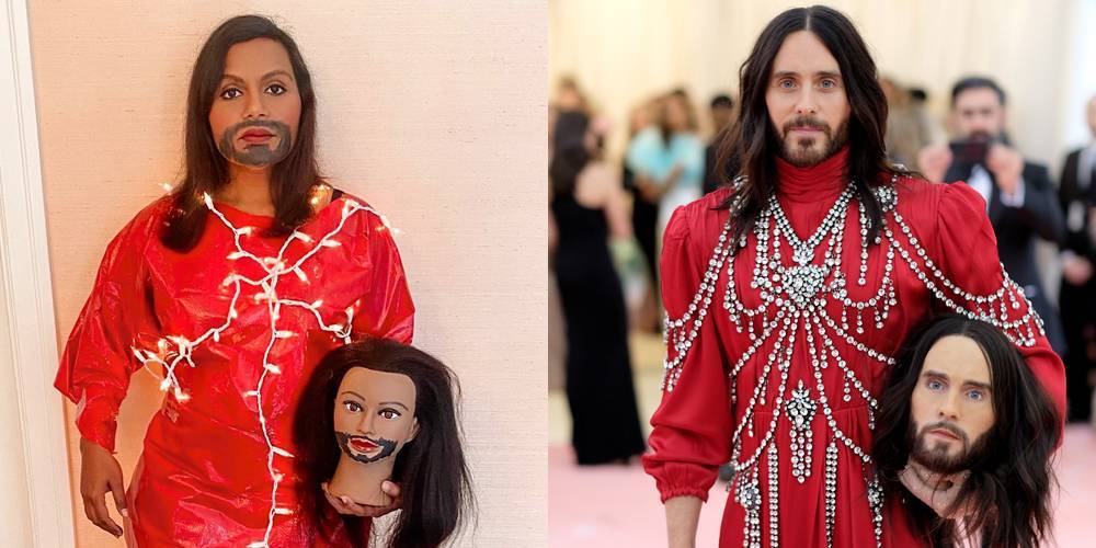 Jared Leto - Mindy Kaling - Alessandro Michele - Mindy Kaling Recreates Jared Leto's Two-Headed Met Gala Look With a Tarp, Lights, & Packing Tape - justjared.com