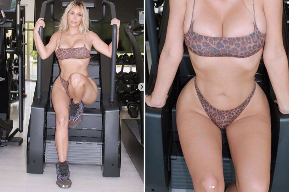 Kim Kardashian - Kanye West - Kim Kardashian works out in just leopard-print lingerie in sexy new snaps - thesun.co.uk