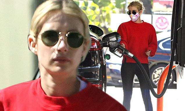 Eric Garcetti - Emma Roberts - Emma Roberts covers up in a pink pattern face mask and red sweater while on a gas run in LA - dailymail.co.uk - Usa - Los Angeles - city Los Angeles - county Story