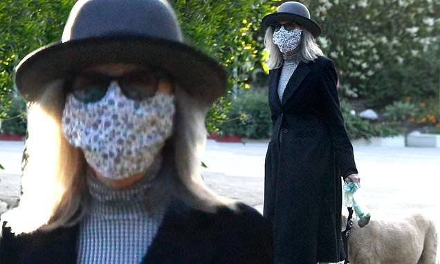 Diane Keaton - Diane Keaton is unrecognizable in face mask, sunglasses and derby hat during walk with beloved dog - dailymail.co.uk - county Pacific - Los Angeles - city Los Angeles