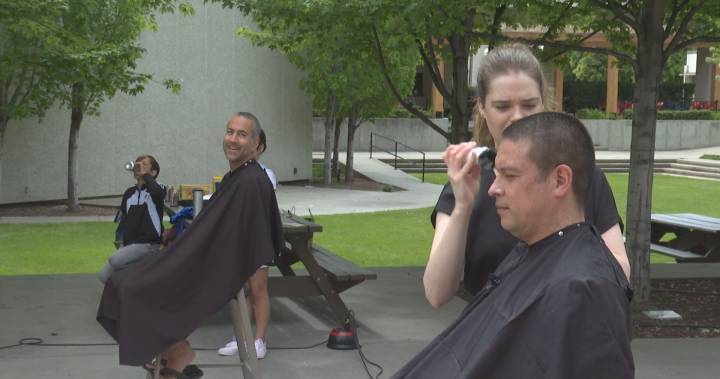 Kelowna mayor, Westbank First Nations Chief shave heads for OK College fundraiser - globalnews.ca