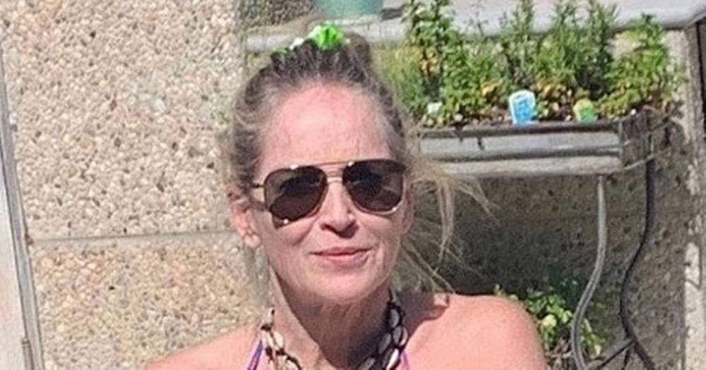 Sharon Stone, 62, stuns as she poses in a bikini by the pool in MF Doom Mask - dailystar.co.uk - county Stone - city Sharon, county Stone