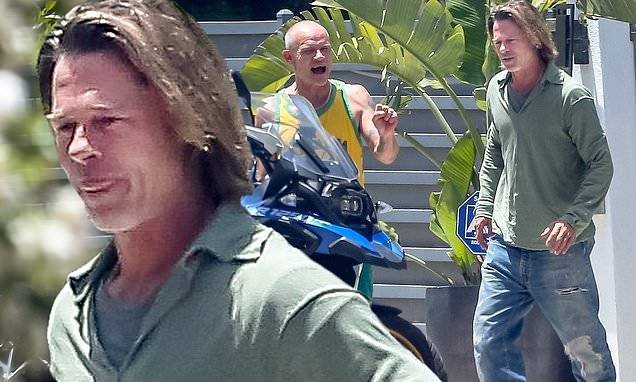 Angelina Jolie - Brad Pitt - Brad Pitt chats up pal Flea in Malibu while looking at a $20K motorcycle - dailymail.co.uk - city Malibu