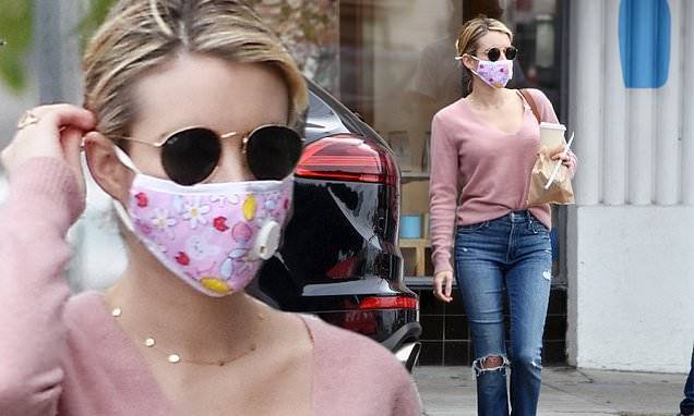Emma Roberts - Emma Roberts cuts casual chic look in pink sweater for coffee run in LA during break from quarantine - dailymail.co.uk - New York - Los Angeles - city Los Angeles - county Coffee