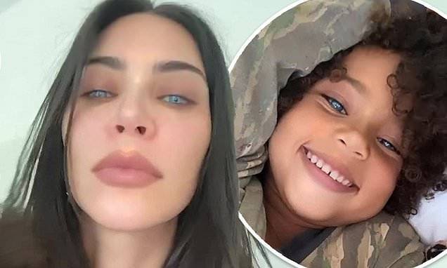 Kim Kardashian - Kim Kardashian gushes over son Saint in sweet video as they try out blue eye filter on Instagram - dailymail.co.uk