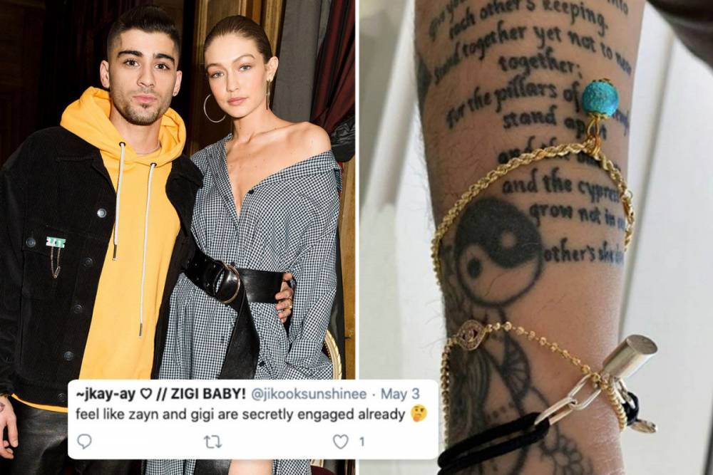 Gigi Hadid - Zayn Malik - Pregnant Gigi Hadid’s boyfriend Zayn Malik sparks rumors they’re ENGAGED after he shows off marriage poem tattoo - thesun.co.uk