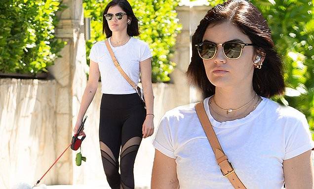 Lucy Hale - Lucy Hale shows off her svelte figure in semi-sheer leggings as she walks her pup Elvis - dailymail.co.uk - Los Angeles - state California - city Los Angeles