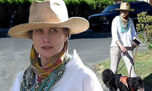 Andie MacDowell, 62, models straw hat and colorful scarf as she steps out for a stylish dog walk - dailymail.co.uk - Los Angeles - state California - city Los Angeles - city Boston