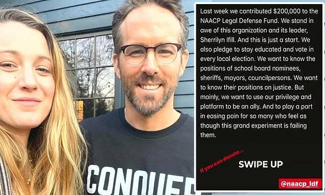 Ryan Reynolds - Blake Lively - George Floyd - Ryan Reynolds and Blake Lively donate $200k to NAACP following killing of George Floyd - dailymail.co.uk - county George - county Floyd - city Minneapolis, county Floyd