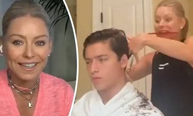 Mark Consuelos - Kelly Ripa - Kelly Ripa debuts haircutting skills as she trims son Joaquin's locks and still has pandemic fears - dailymail.co.uk