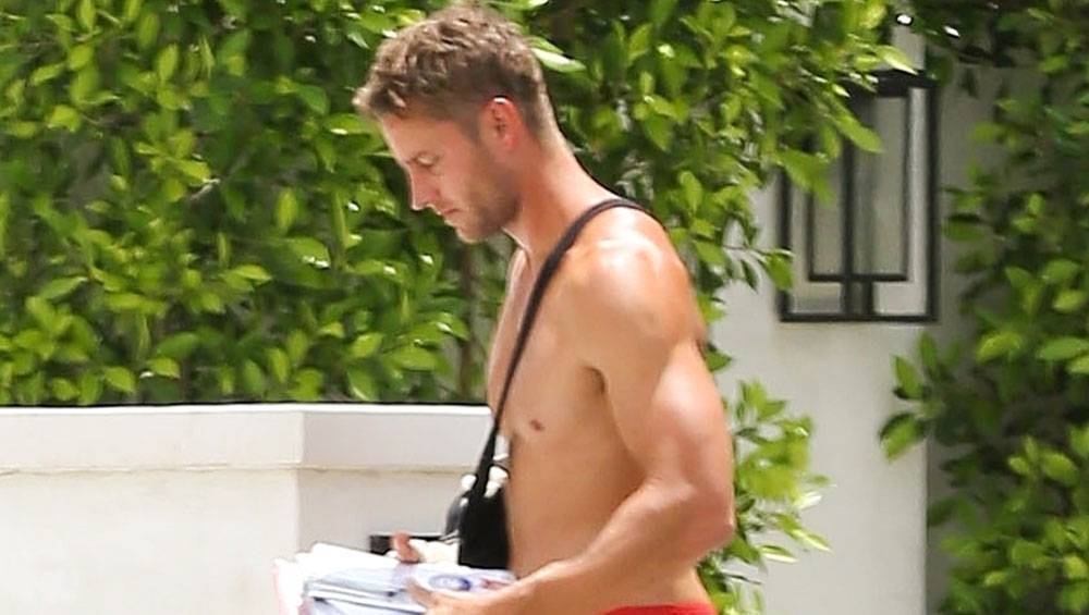 Justin Hartley - Justin Hartley Shows Off Nasty Injury With Arm In Sling While Walking Shirtless Outside His House - hollywoodlife.com - state California