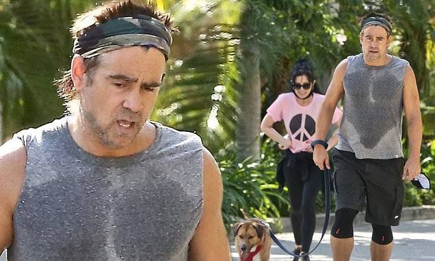 Colin Farrell - Colin Farrell takes his dog for a walk with sister Claudine in LA... after Batman halts production - dailymail.co.uk - Los Angeles - city Los Angeles