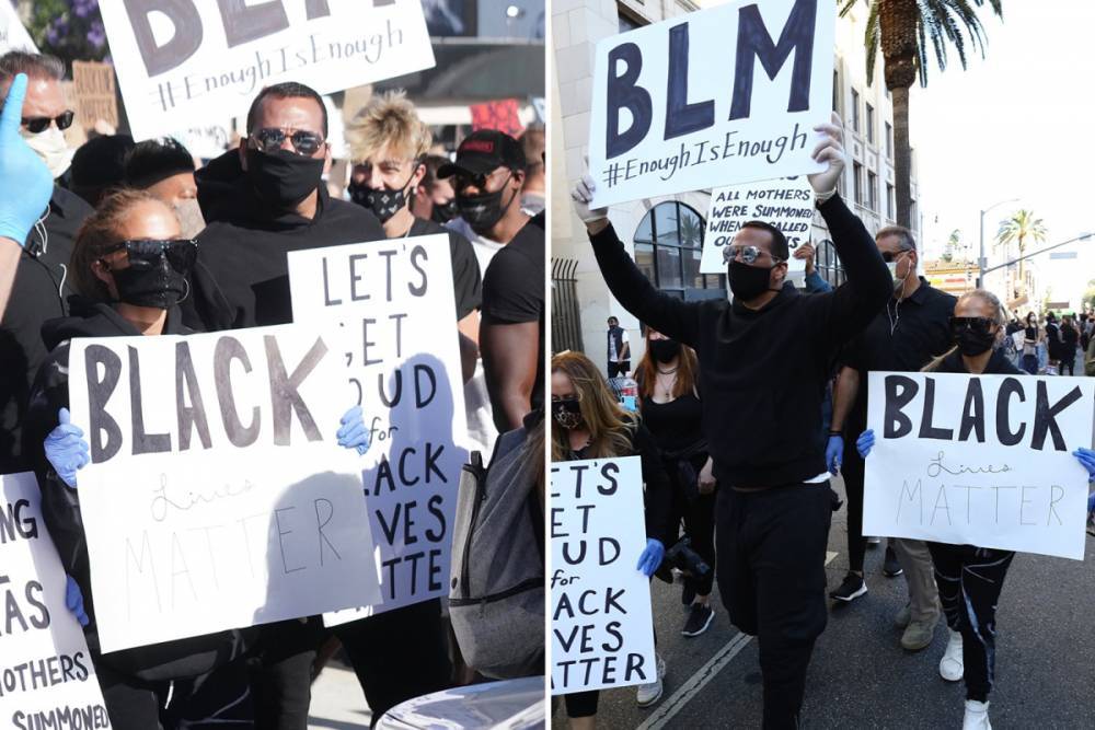 Jennifer Lopez - Alex Rodriguez - Jennifer Lopez and Alex Rodriguez mask up as they join protesters for Black Lives Matter march in Hollywood - thesun.co.uk - New York - city Hollywood