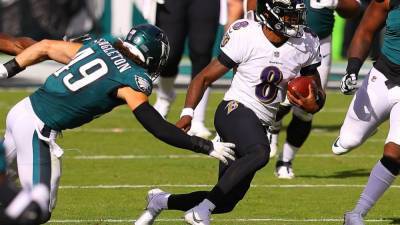 Miles Sander - Zach Ertz - Baltimore Ravens hold on for 30-28 win over depleted Eagles - fox29.com - state Pennsylvania - city Sander - county Eagle - Philadelphia, state Pennsylvania - city Philadelphia, county Eagle - city Baltimore - county Lamar - Jackson, county Lamar