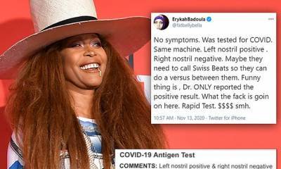 Erykah Badu - Erykah Badu tests positive for COVID-19 in left nostril and negative on her right side - dailymail.co.uk